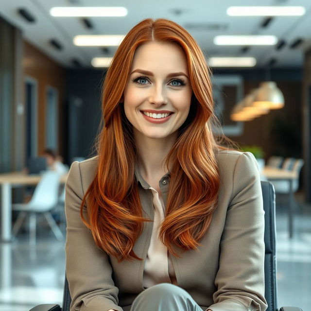 A beautiful Russian woman aged between 35 to 40 years with long red hair, sitting comfortably in an office chair