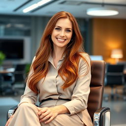 A beautiful Russian woman aged between 35 to 40 years with long red hair, sitting comfortably in an office chair