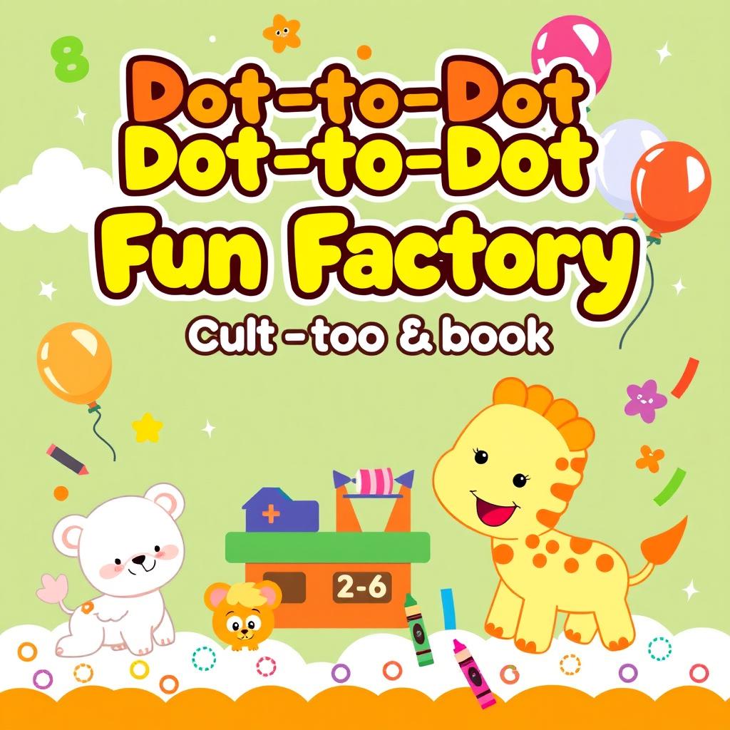 Design a cheerful and colorful activity and coloring book cover for 'Dot-to-Dot Fun Factory: Alphabet & Numbers Edition', specifically tailored for kids ages 2-6