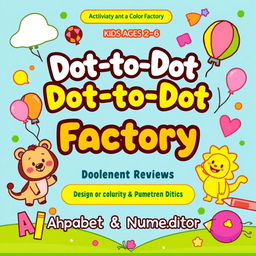 Design a cheerful and colorful activity and coloring book cover for 'Dot-to-Dot Fun Factory: Alphabet & Numbers Edition', specifically tailored for kids ages 2-6