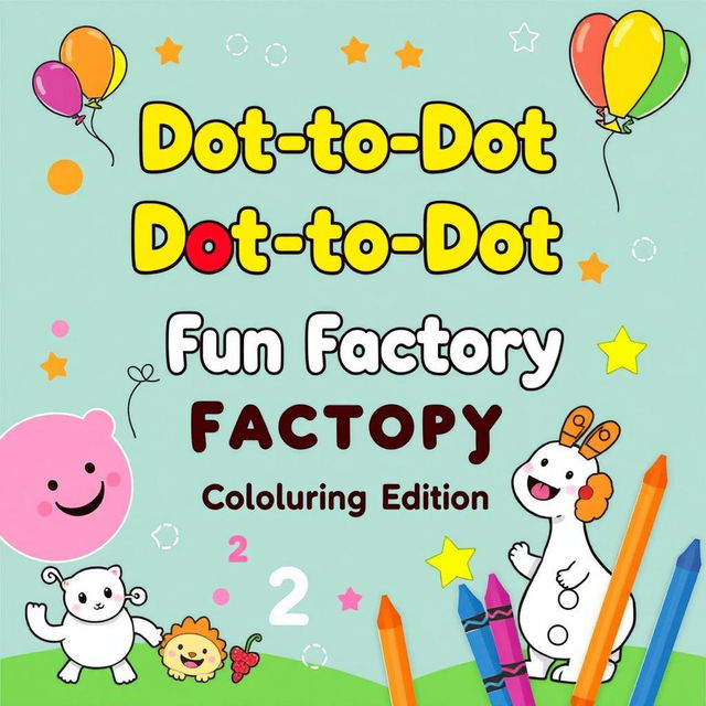 Design a cheerful and colorful activity and coloring book cover for 'Dot-to-Dot Fun Factory: Alphabet & Numbers Edition', specifically tailored for kids ages 2-6