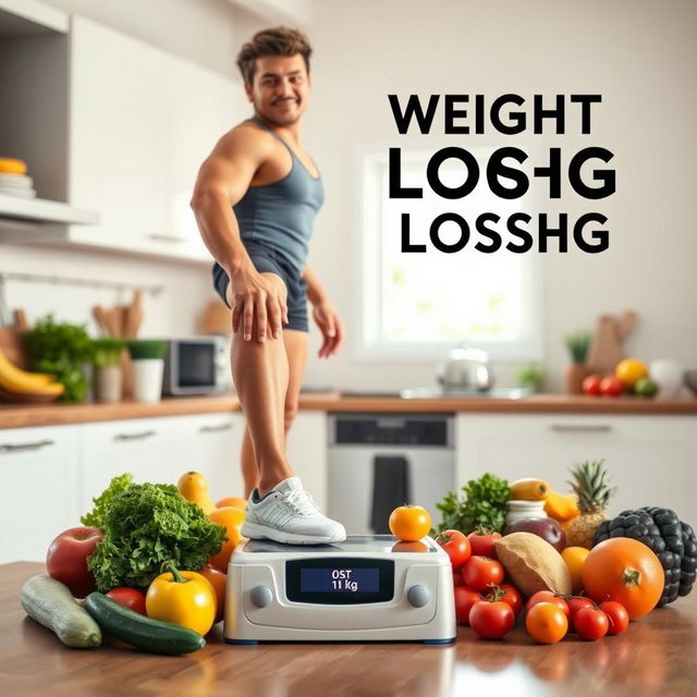 A motivational scene depicting a person achieving weight loss goals, with a supportive environment