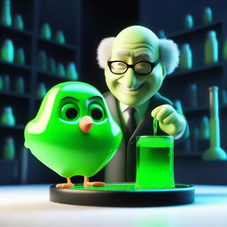 A 3D animated image depicting a sinister professor laughing while pouring a glowing green liquid onto a small chick in a dark laboratory