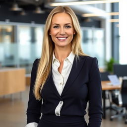 A beautiful Russian woman aged between 35 to 40 years with long blonde hair, dressed in professional office attire, such as a fitted blouse and tailored skirt