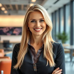 A beautiful Russian woman aged between 35 to 40 years with long blonde hair, dressed in professional office attire, such as a fitted blouse and tailored skirt