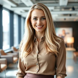 A beautiful Russian woman aged between 35 to 40 years with long blonde hair, dressed in professional office attire, such as a fitted blouse and tailored skirt