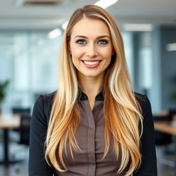 A beautiful Russian woman aged between 35 to 40 years with long blonde hair, dressed in professional office attire, such as a fitted blouse and tailored skirt