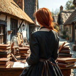 A realistic fantasy scene set in a small village in England during the present day, featuring a young red-haired woman viewed from the back