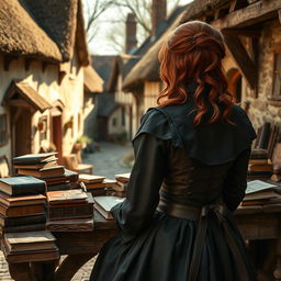 A realistic fantasy scene set in a small village in England during the present day, featuring a young red-haired woman viewed from the back