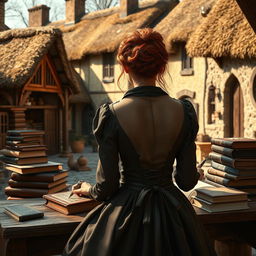 A realistic fantasy scene set in a small village in England during the present day, featuring a young red-haired woman viewed from the back