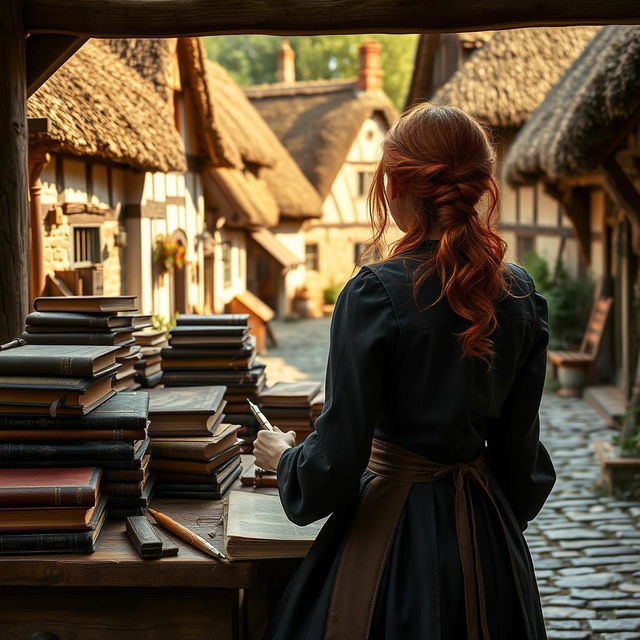 A realistic fantasy scene set in a small village in England during the present day, featuring a young red-haired woman viewed from the back