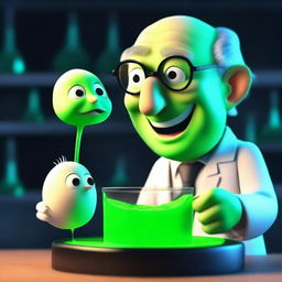 A 3D animated image depicting a sinister professor laughing while pouring a glowing green liquid onto a small chick in a dark laboratory