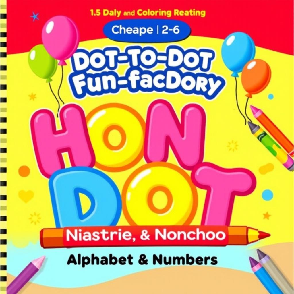 Design a cheerful and colorful activity and coloring book cover for 'Dot-to-Dot Fun Factory: Alphabet & Numbers Edition', tailored for kids ages 2-6