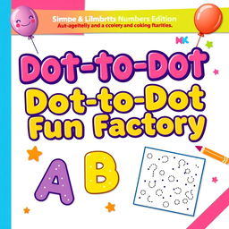 Design a cheerful and colorful activity and coloring book cover for 'Dot-to-Dot Fun Factory: Alphabet & Numbers Edition', tailored for kids ages 2-6