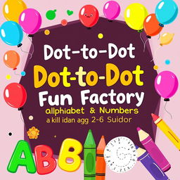 Design a cheerful and colorful activity and coloring book cover for 'Dot-to-Dot Fun Factory: Alphabet & Numbers Edition', tailored for kids ages 2-6