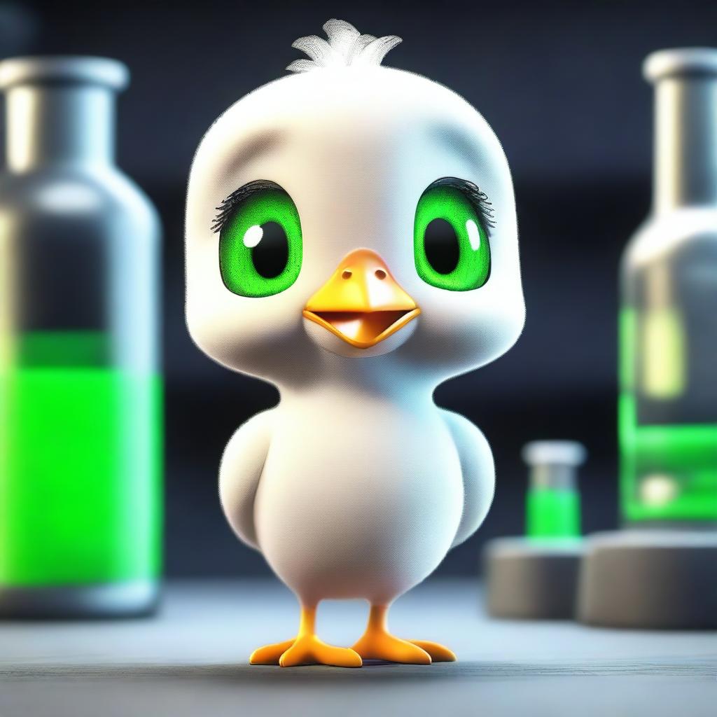 A 3D animated image depicting a small chick with green eyes inside a dark laboratory