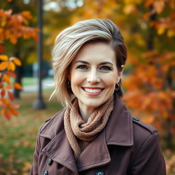 A beautiful Russian woman aged between 35 to 40 years with a stylish hairstyle, wearing a fashionable jacket