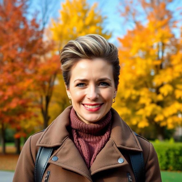 A beautiful Russian woman aged between 35 to 40 years with a stylish hairstyle, wearing a fashionable jacket