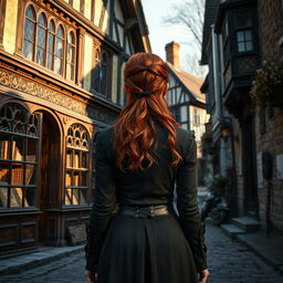 A realistic fantasy scene set in a small village in England during the present day, featuring a young red-haired woman viewed from the back