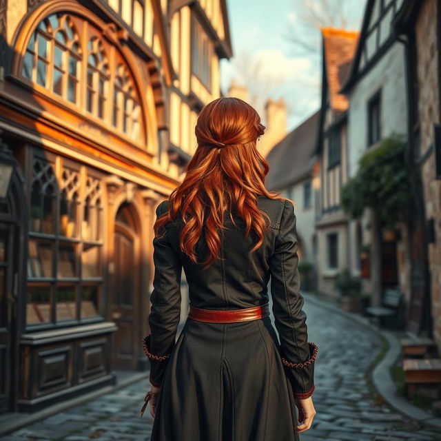 A realistic fantasy scene set in a small village in England during the present day, featuring a young red-haired woman viewed from the back