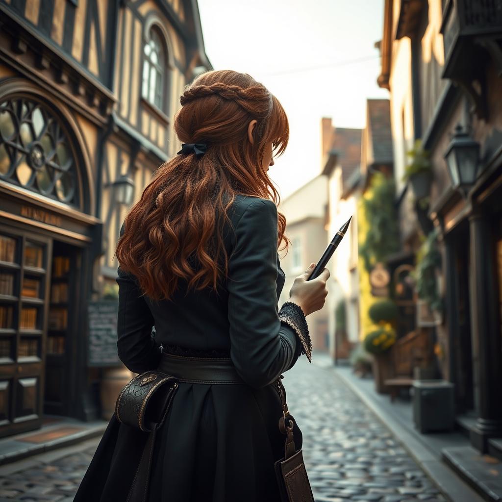 A realistic fantasy scene set in a small village in England during the present day, featuring a young red-haired woman viewed from the back