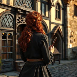 A realistic fantasy scene set in a small village in England during the present day, featuring a young red-haired woman viewed from the back