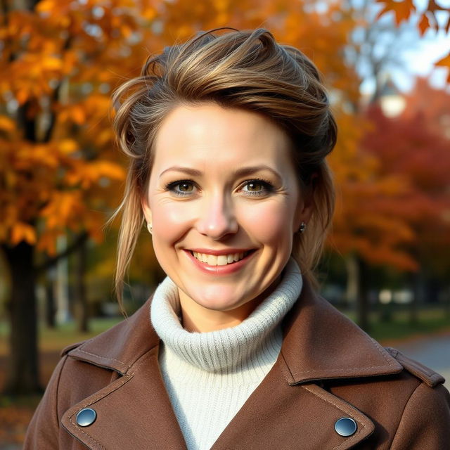 A beautiful Russian woman aged between 35 to 40 years with a stylish hairstyle, wearing a fashionable jacket