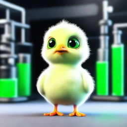 A 3D animated image depicting a small chick with green eyes inside a dark laboratory