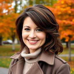 A beautiful Russian woman aged between 35 to 40 years with a stylish hairstyle, wearing a fashionable jacket