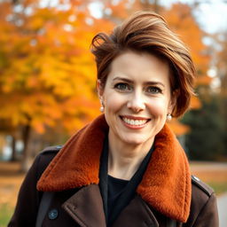 A beautiful Russian woman aged between 35 to 40 years with a stylish hairstyle, wearing a fashionable jacket