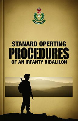 A dynamic and striking book cover design for a military manual titled 'Standard Operating Procedures of an Infantry Battalion, Pakistan Army'