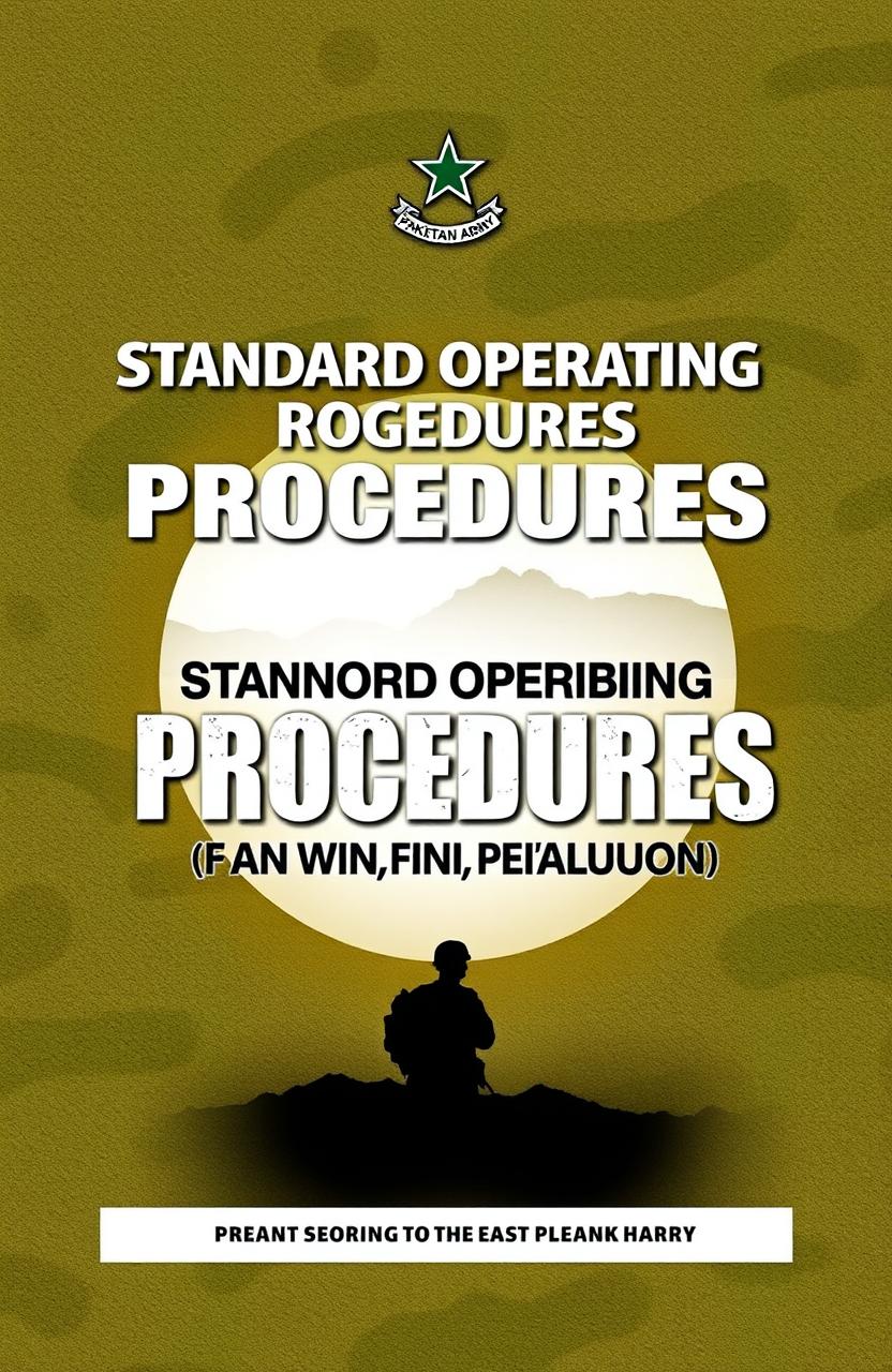 A dynamic and striking book cover design for a military manual titled 'Standard Operating Procedures of an Infantry Battalion, Pakistan Army'