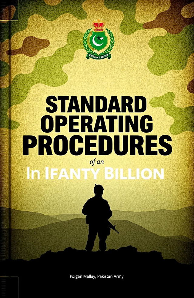 A dynamic and striking book cover design for a military manual titled 'Standard Operating Procedures of an Infantry Battalion, Pakistan Army'