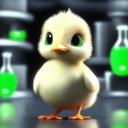 A 3D animated image depicting a small chick with green eyes inside a dark laboratory