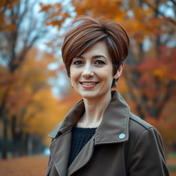 A beautiful Russian woman aged between 35 to 40 years portrayed in full length, showcasing a stylish hairstyle, wearing a fashionable jacket