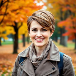 A beautiful Russian woman aged between 35 to 40 years portrayed in full length, showcasing a stylish hairstyle, wearing a fashionable jacket