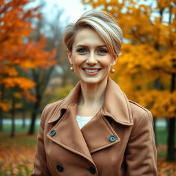 A beautiful Russian woman aged between 35 to 40 years portrayed in full length, showcasing a stylish hairstyle, wearing a fashionable jacket