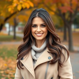 A beautiful Russian woman aged between 35 to 40 years portrayed in full length, showcasing a stylish hairstyle, wearing a fashionable jacket