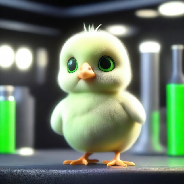 A 3D animated image depicting a small chick with green eyes inside a dark laboratory