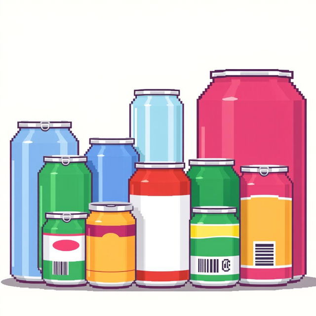 A pixel art representation of various cans made from low-density polyethylene (LDPE), showcasing their characteristic soft and flexible texture