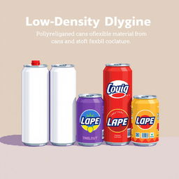 A pixel art representation of various cans made from low-density polyethylene (LDPE), showcasing their characteristic soft and flexible texture