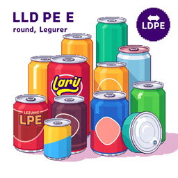 A pixel art representation of various cans made from low-density polyethylene (LDPE), showcasing their characteristic soft and flexible texture