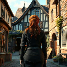 A realistic fantasy scene set in a small village in England during the present day, featuring a slightly overweight young red-haired woman viewed from the back