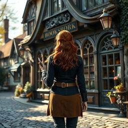 A realistic fantasy scene set in a small village in England during the present day, featuring a slightly overweight young red-haired woman viewed from the back