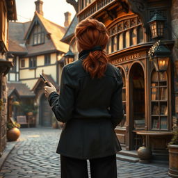 A realistic fantasy scene set in a small village in England during the present day, featuring a slightly overweight young red-haired woman viewed from the back