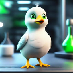 A 3D animated image depicting a giant chick with green eyes inside a dark laboratory