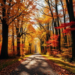 A beautiful autumn forest path depicted in a striking one-point perspective