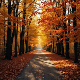 A beautiful autumn forest path depicted in a striking one-point perspective
