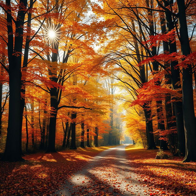 A beautiful autumn forest path depicted in a striking one-point perspective