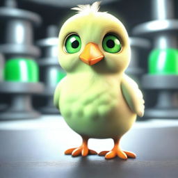 A 3D animated image depicting a giant chick with green eyes inside a dark laboratory